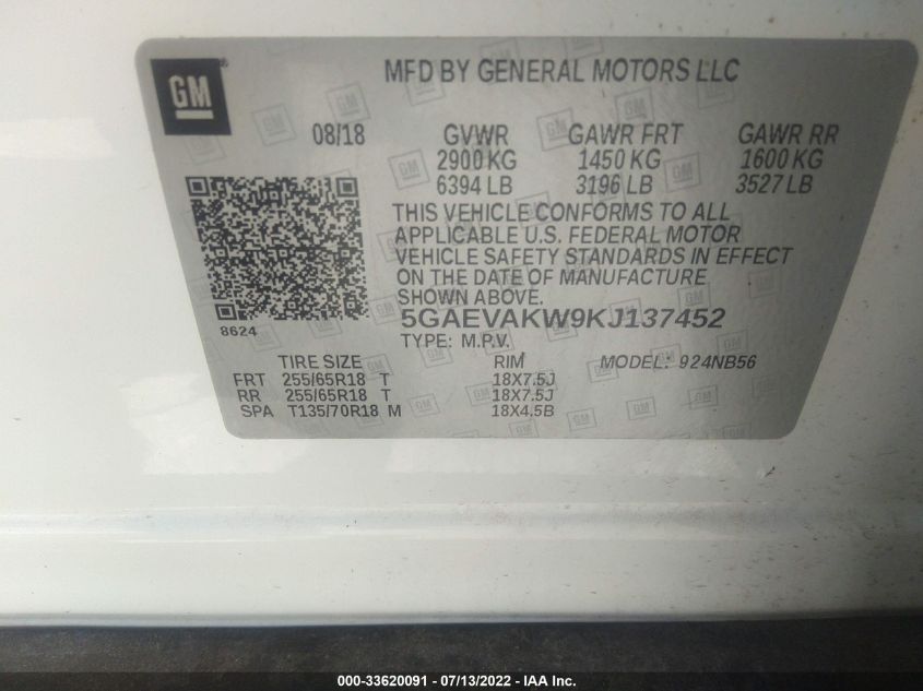 2019 BUICK ENCLAVE ESSENCE 5GAEVAKW9KJ137452