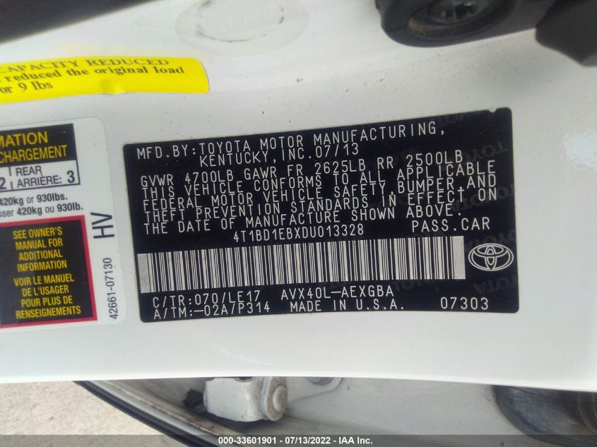 2013 TOYOTA AVALON HYBRID XLE PREMIUM 4T1BD1EBXDU013328
