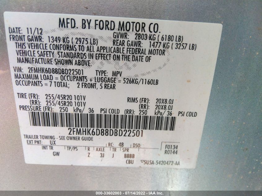 2013 FORD FLEX LIMITED 2FMHK6D88DBD22501