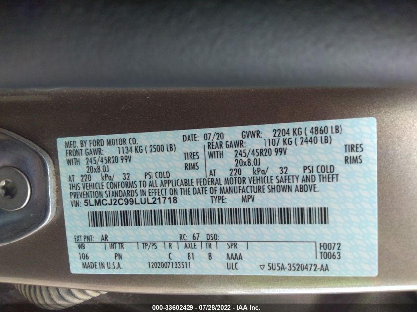 2020 LINCOLN CORSAIR RESERVE 5LMCJ2C99LUL21718