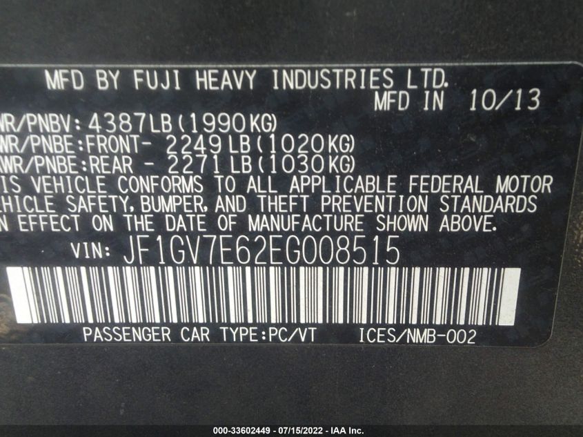2014 SUBARU IMPREZA SEDAN WRX WRX JF1GV7E62EG008515