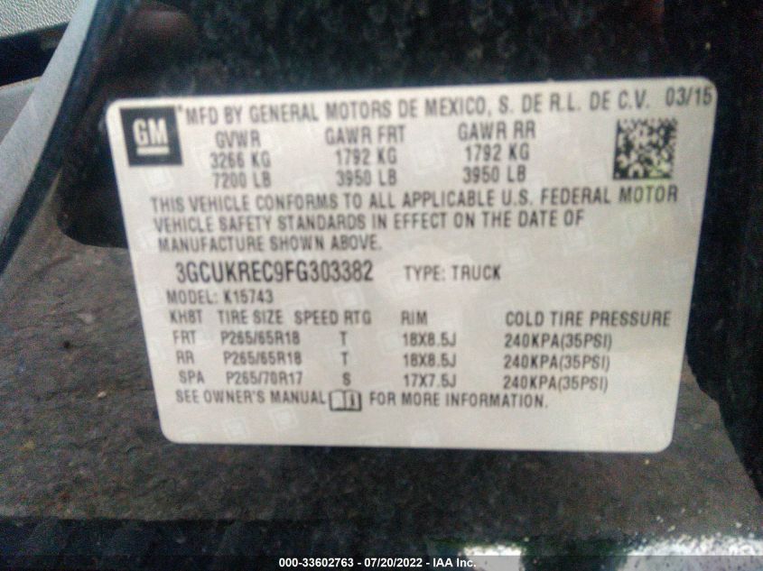 2015 CHEVROLET SILVERADO K1500 LT 3GCUKREC9FG303382