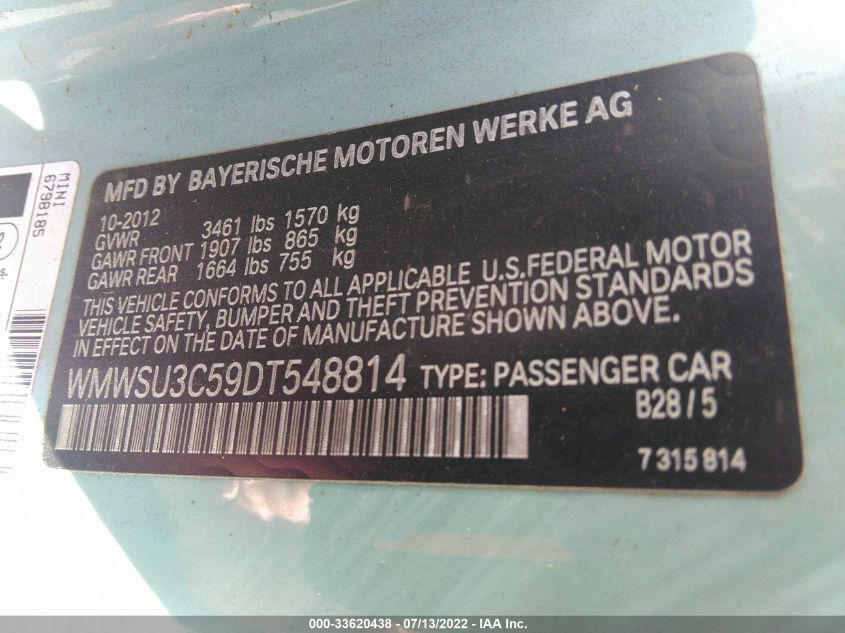 2013 MINI COOPER HARDTOP WMWSU3C59DT548814
