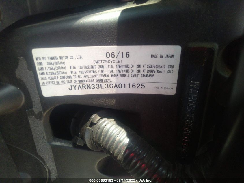 2016 YAMAHA FZ09 JYARN33E3GA011625