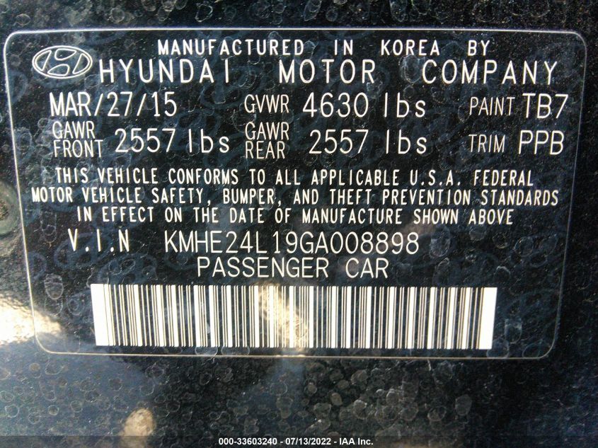 2016 HYUNDAI SONATA HYBRID SE KMHE24L19GA008898