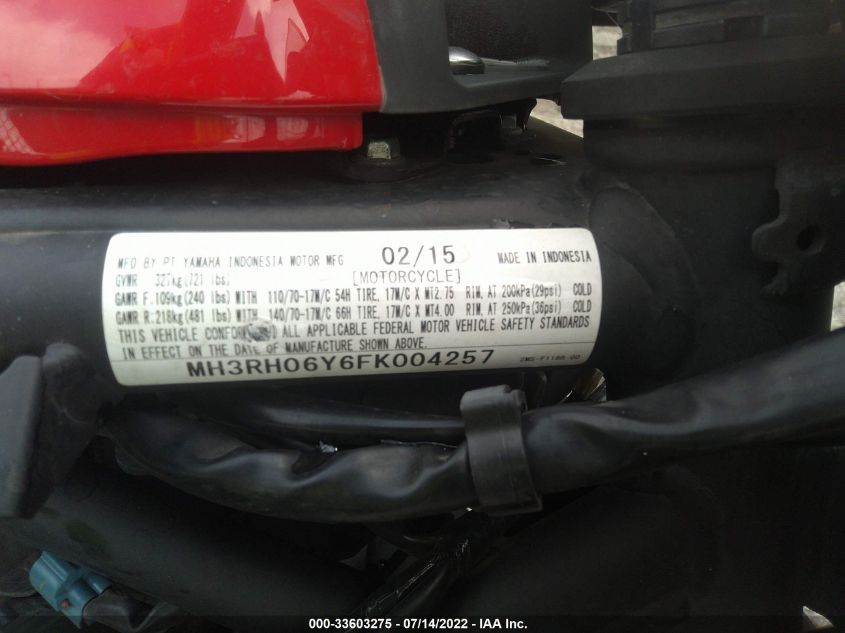 2015 YAMAHA YZFR3 MH3RH06Y6FK004257