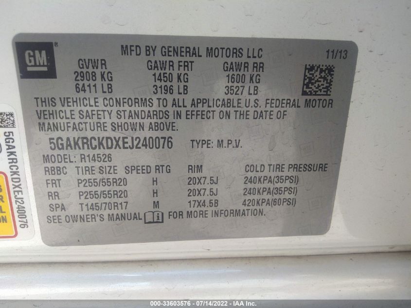 2014 BUICK ENCLAVE 5GAKRCKDXEJ240076