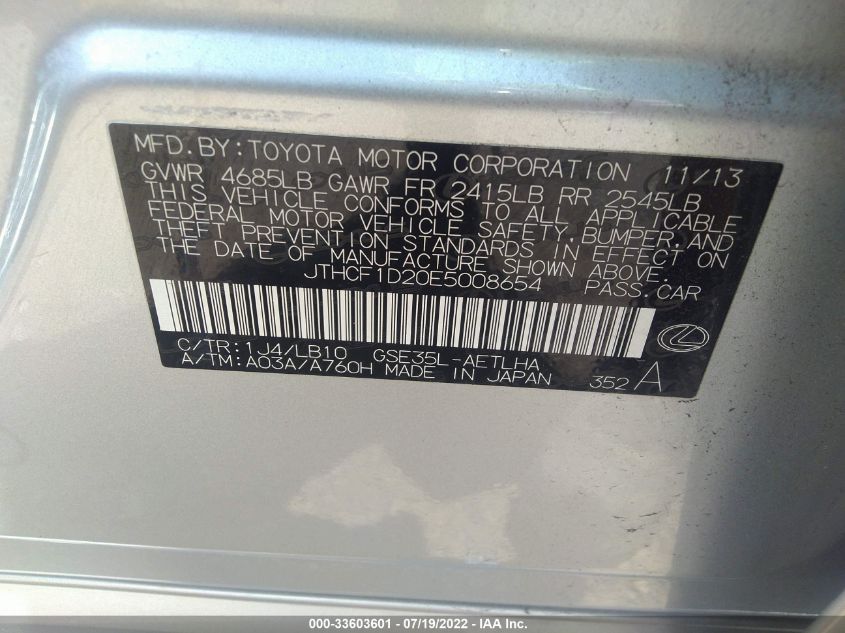 2014 LEXUS IS 250 JTHCF1D20E5008654