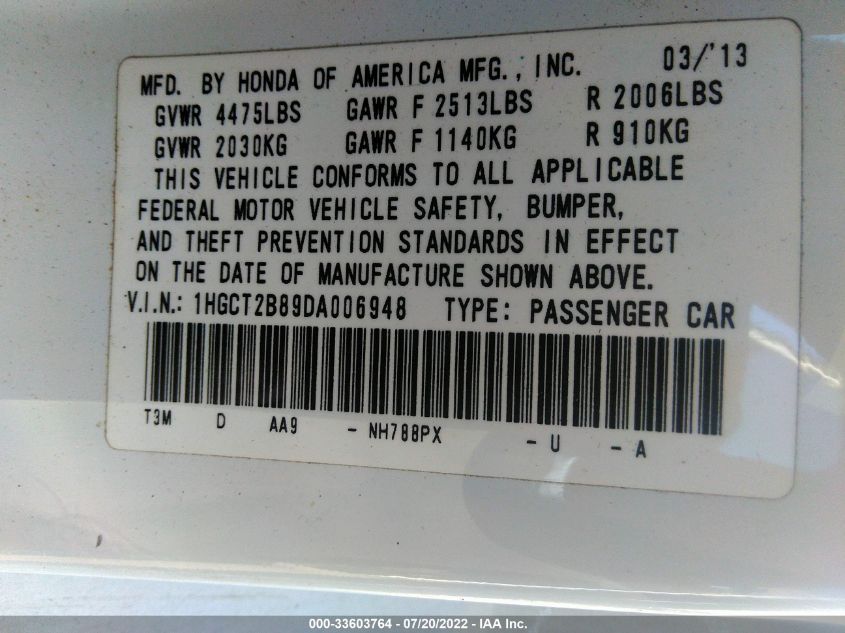 2013 HONDA ACCORD CPE EX-L 1HGCT2B89DA006948