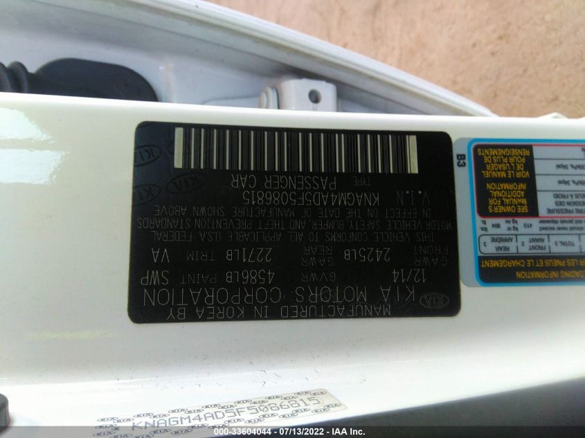2015 KIA OPTIMA HYBRID HYBRID KNAGM4AD5F5086815