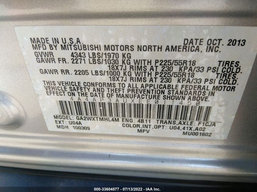 2014 MITSUBISHI OUTLANDER SPORT ES 4A4AP3AUXEE011450