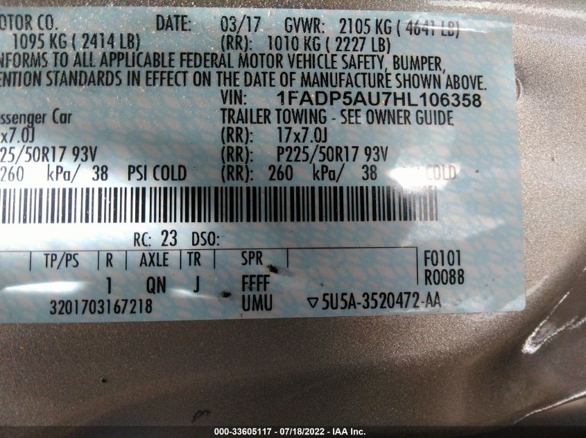 2017 FORD C-MAX HYBRID SE 1FADP5AU7HL106358