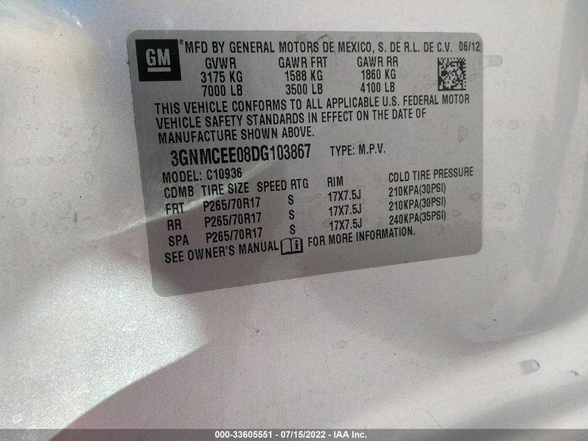 2013 CHEVROLET AVALANCHE LS 3GNMCEE08DG103867