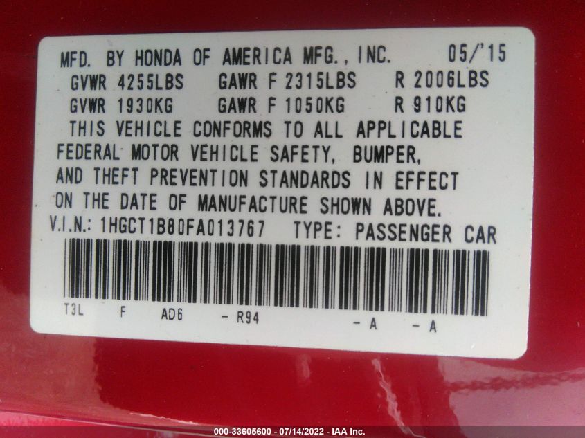 2015 HONDA ACCORD COUPE EXL 1HGCT1B80FA013767