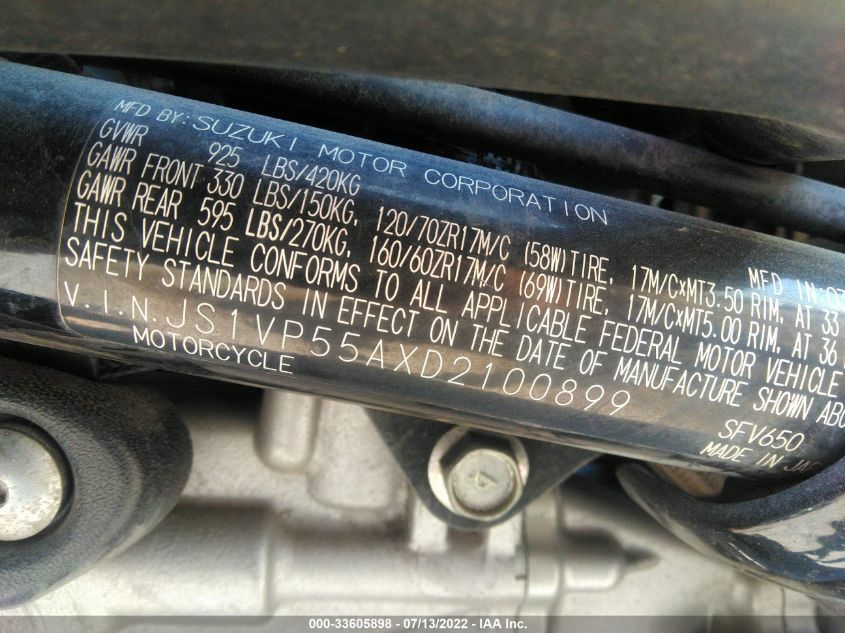 2013 SUZUKI SV650 JS1VP55AXD2100899