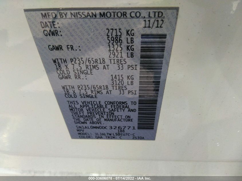 2013 INFINITI JX 5N1AL0MN0DC326771