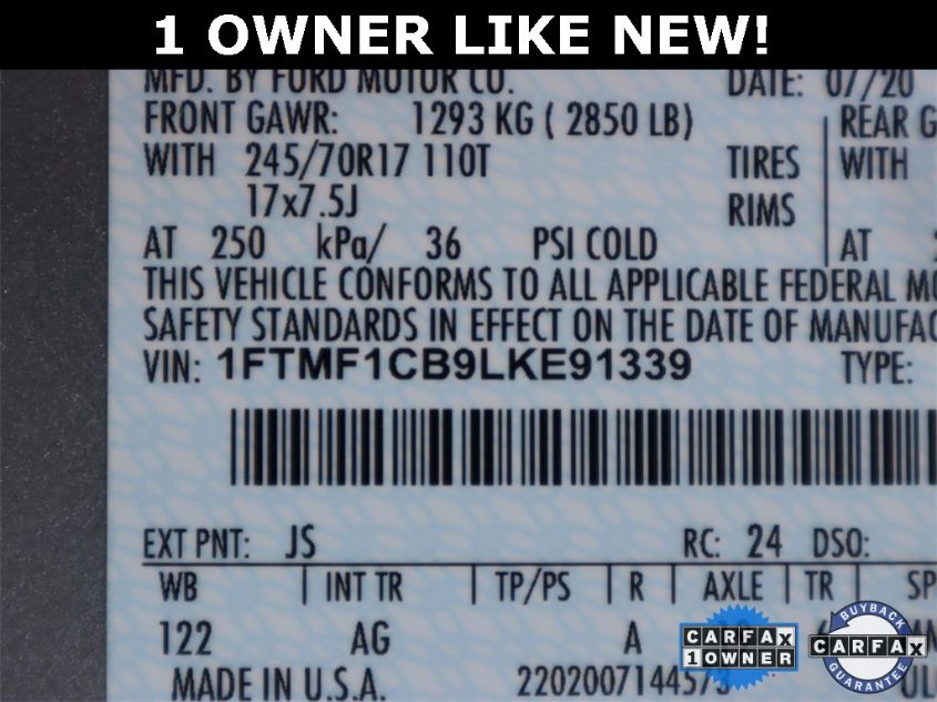 2020 FORD F150 1FTMF1CB9LKE91339