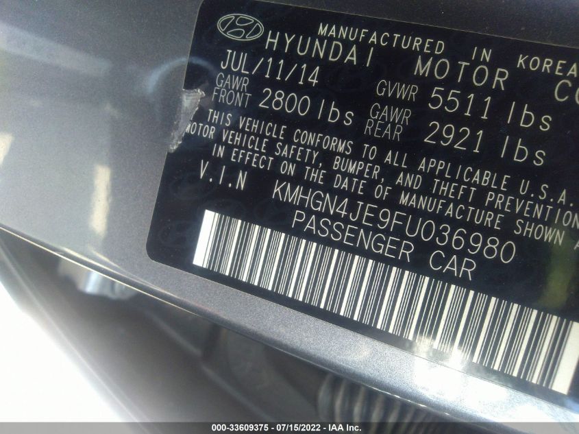 2015 HYUNDAI GENESIS 3.8L KMHGN4JE9FU036980