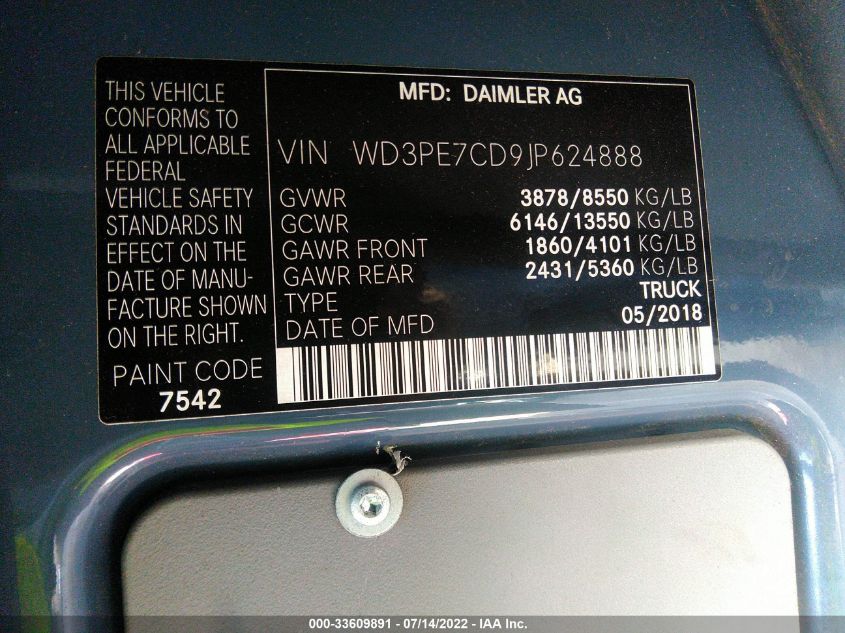 2018 MERCEDES-BENZ SPRINTER CARGO VAN WORKER WD3PE7CD9JP624888