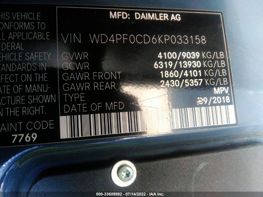 2019 MERCEDES-BENZ SPRINTER VAN WD4PF0CD6KP033158