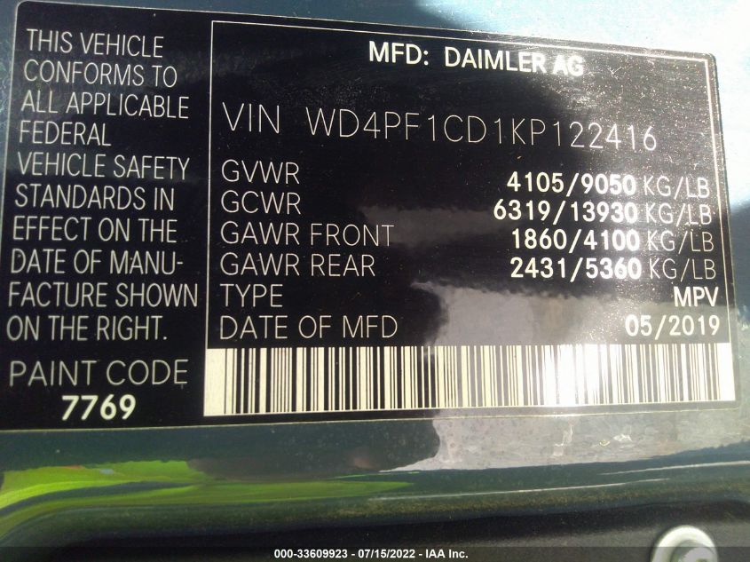 2019 MERCEDES-BENZ SPRINTER VAN WD4PF1CD1KP122416