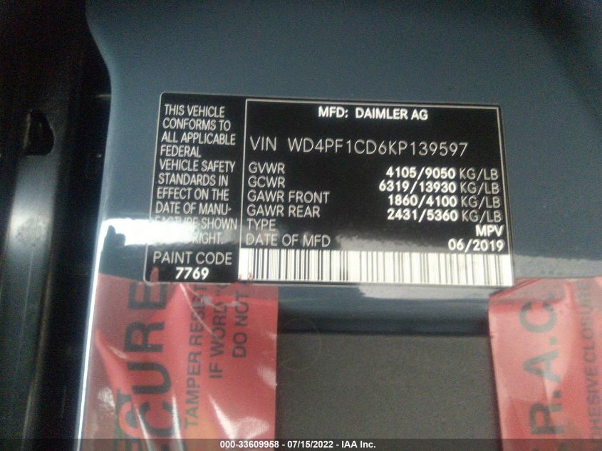 2019 MERCEDES-BENZ SPRINTER VAN WD4PF1CD6KP139597
