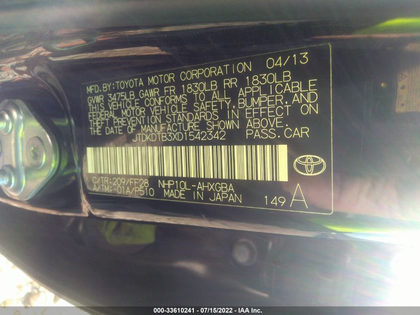 2013 TOYOTA PRIUS C JTDKDTB3XD1542342