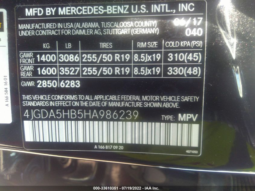 VIN 4JGDA5HB5HA986239 2017 Mercedes-Benz GLE no.9