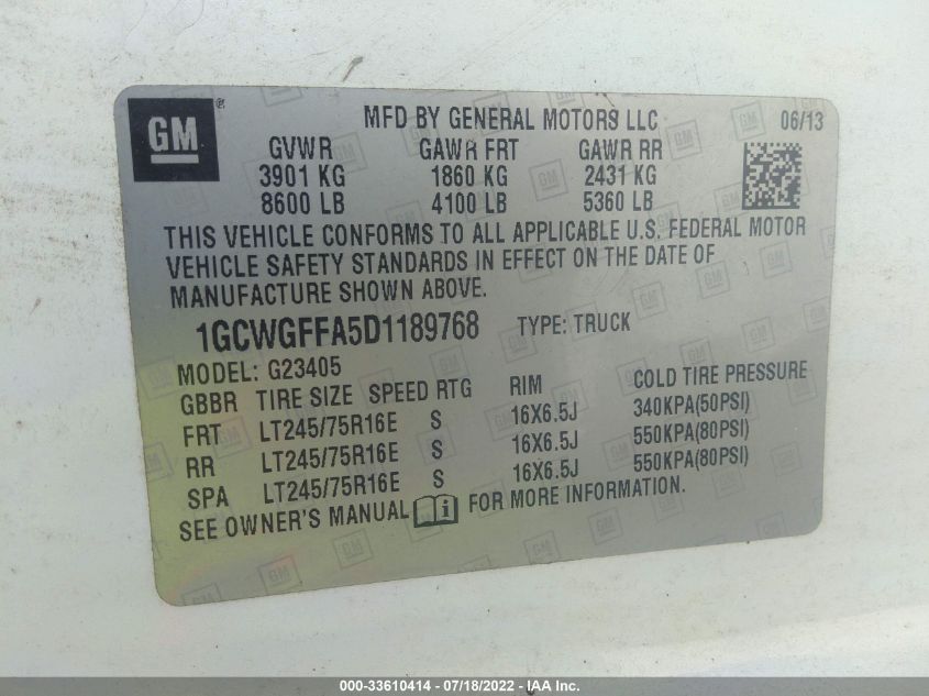 2013 CHEVROLET EXPRESS CARGO VAN 1GCWGFFA5D1189768