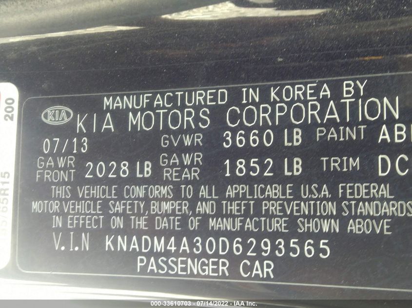 2013 KIA RIO LX KNADM4A30D6293565