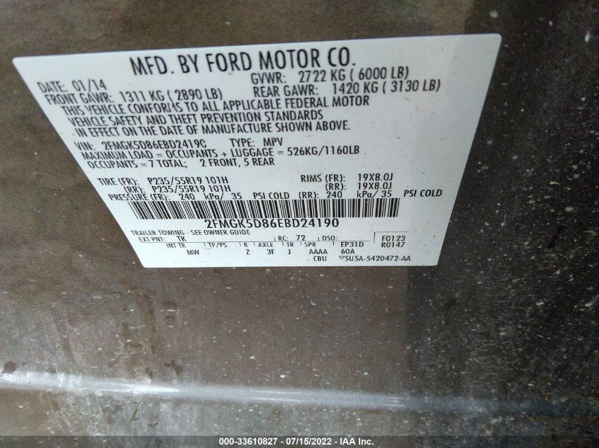2014 FORD FLEX LIMITED 2FMGK5D86EBD24190
