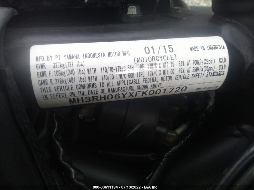 2015 YAMAHA YZFR3 MH3RH06YXFK001720