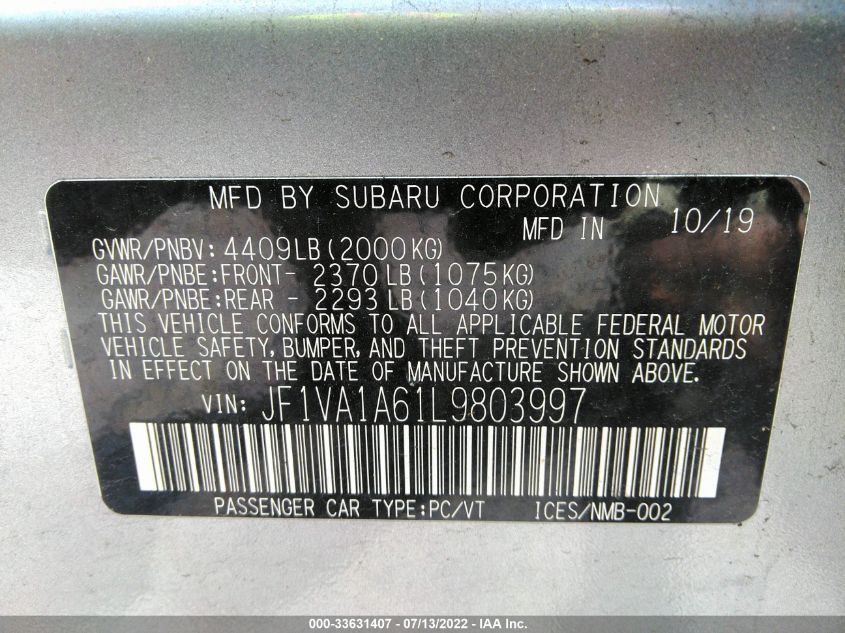 2020 SUBARU WRX JF1VA1A61L9803997