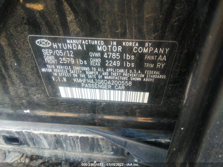 2013 HYUNDAI AZERA GLS/LIMITED KMHFH4JG6DA200558