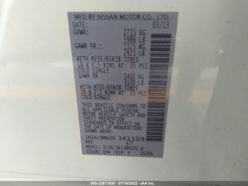 2013 INFINITI JX 5N1AL0MN2DC341109