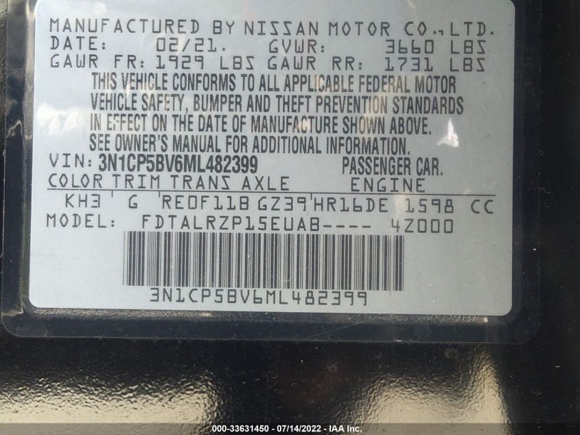 2021 NISSAN KICKS S 3N1CP5BV6ML482399