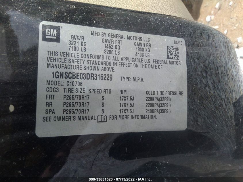 2013 CHEVROLET TAHOE LT 1GNSCBE03DR316229