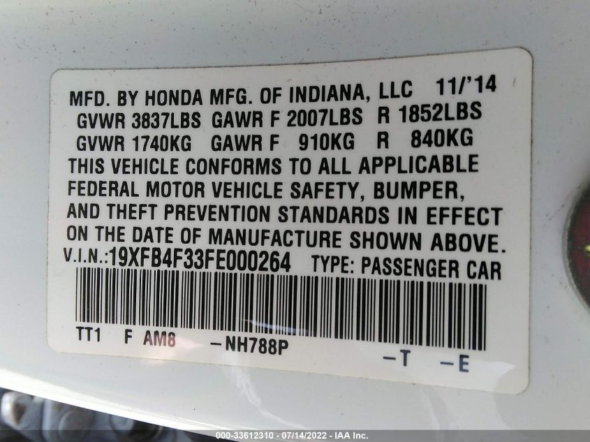 2015 HONDA CIVIC HYBRID 19XFB4F33FE000264