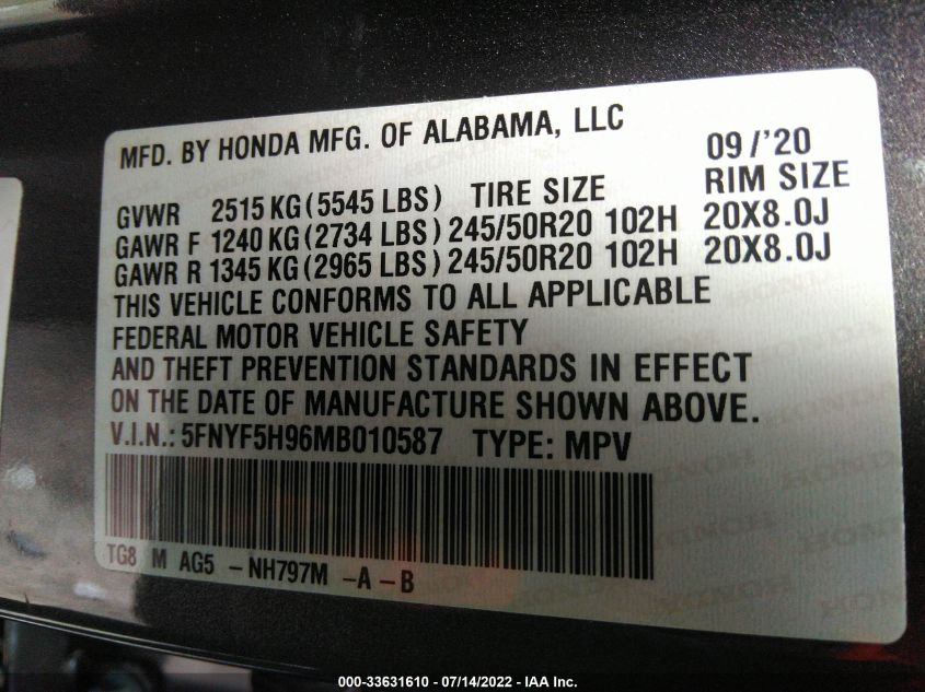 2021 HONDA PILOT TOURING 8-PASSENGER 5FNYF5H96MB010587