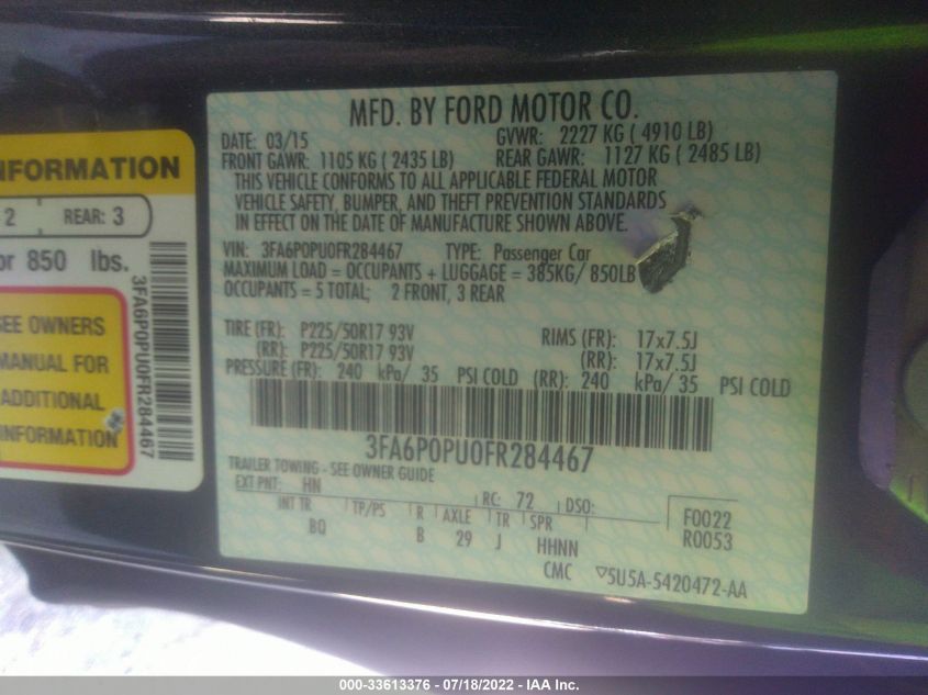 2015 FORD FUSION ENERGI SE PHEV 3FA6P0PU0FR284467