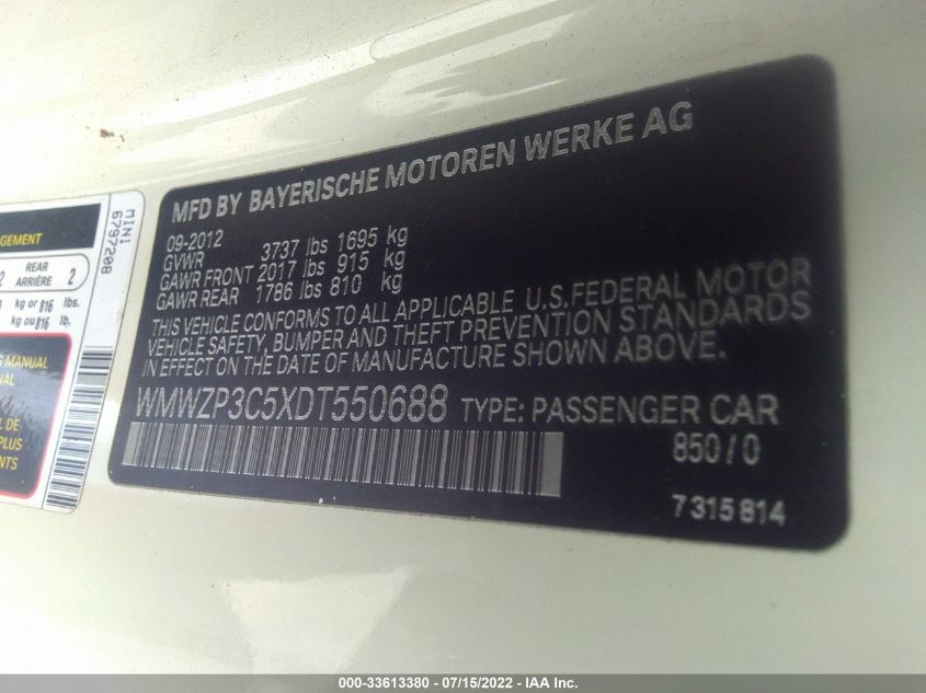 2013 MINI COOPER CONVERTIBLE S WMWZP3C5XDT550688