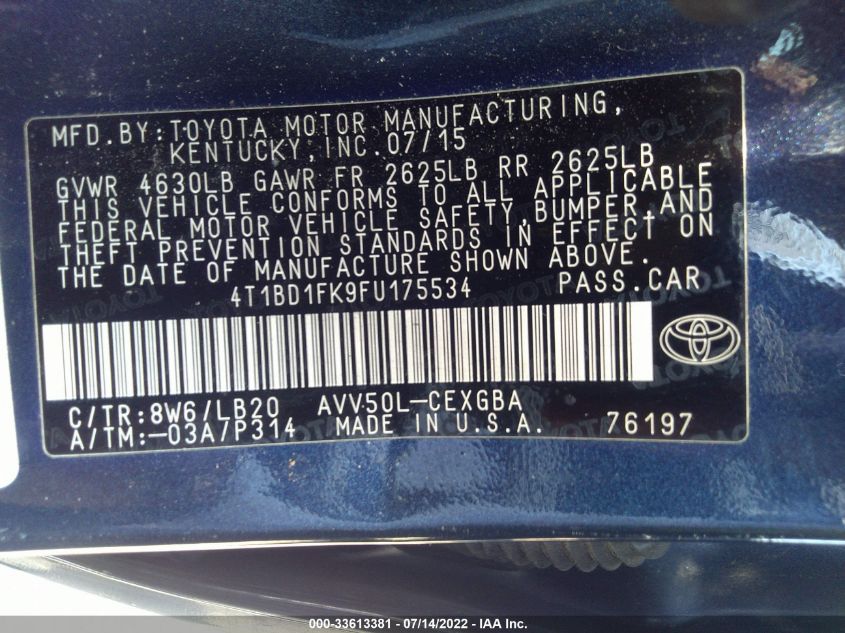 2015 TOYOTA CAMRY HYBRID LE/XLE/SE 4T1BD1FK9FU175534