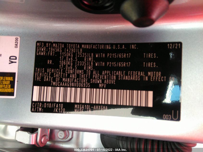 2022 TOYOTA COROLLA CROSS LE 7MUCAAAG9NV006935