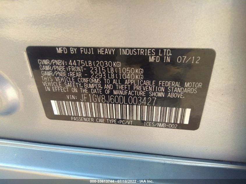 2013 SUBARU IMPREZA SEDAN WRX WRX STI LIMITED JF1GV8J60DL003427