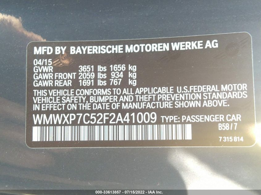 2015 MINI COOPER HARDTOP S WMWXP7C52F2A41009