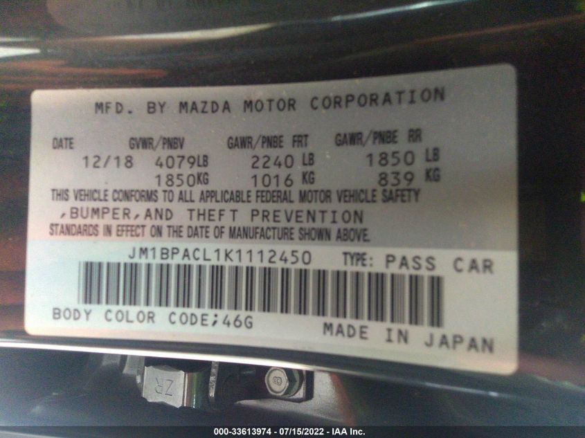 2019 MAZDA MAZDA3 SEDAN W/PREFERRED PKG JM1BPACL1K1112450