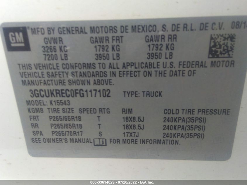 2015 CHEVROLET SILVERADO K1500 LT 3GCUKREC0FG117102