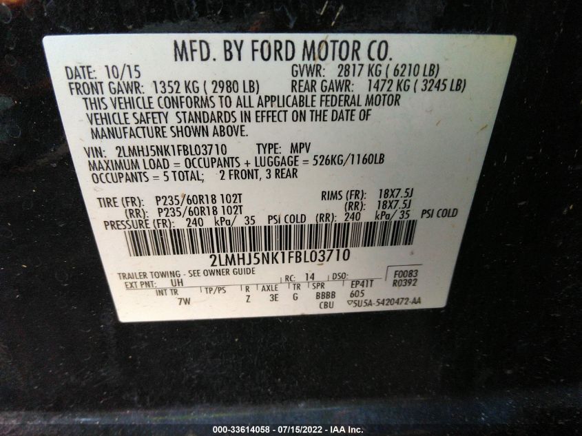 2015 LINCOLN MKT 2LMHJ5NK1FBL03710