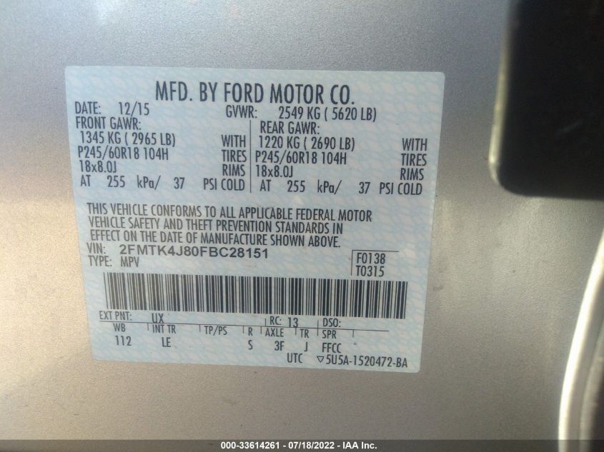 2FMTK4J80FBC28151 2015 FORD EDGE, photo no. 9