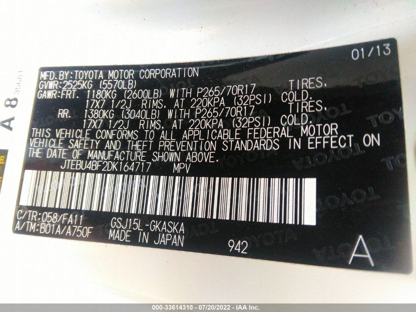 2013 TOYOTA FJ CRUISER JTEBU4BF2DK164717